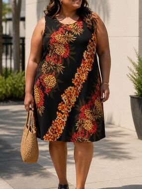 The Hawaiian Original Tropical Pineapple Floral A-Line Sleeveless Dress Black